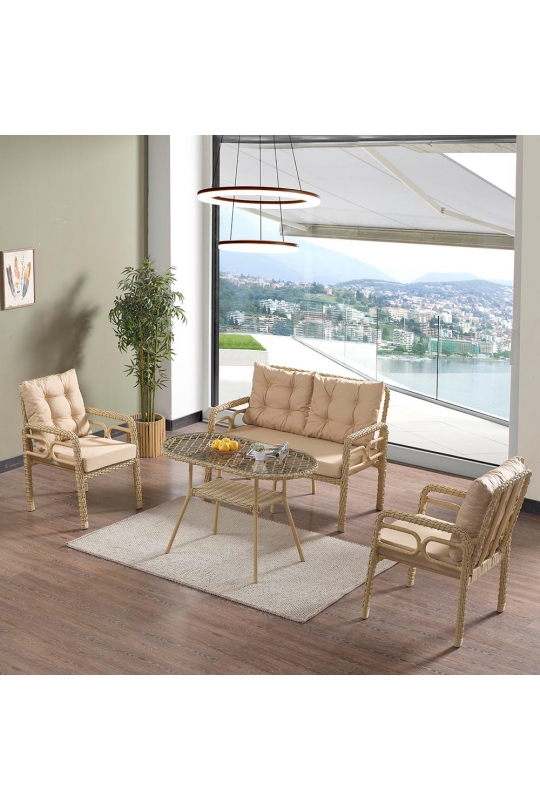 Rio Rattan Bahçe Balkon Oturma Takımı 2+1+1+Camlı Masa Cappuccino