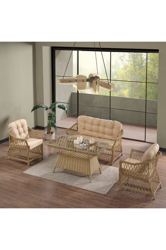 Icon Rattan Bahçe Balkon Oturma Takımı 2+1+1+Camlı Masa Cappuccino