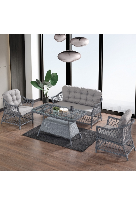 Icon Rattan Bahçe Balkon Oturma Takımı 2+1+1+Camlı Masa Gri