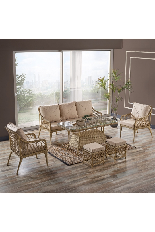 Joy Rattan Puflu Bahçe Balkon Takımı 3+1+1+Camlı Masa Cappuccino